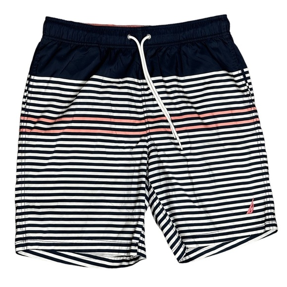 Men's Nautica Medium 32 - 34 Swim Drawstring Shorts Trunks Stripes Blue Pink - Picture 3 of 10